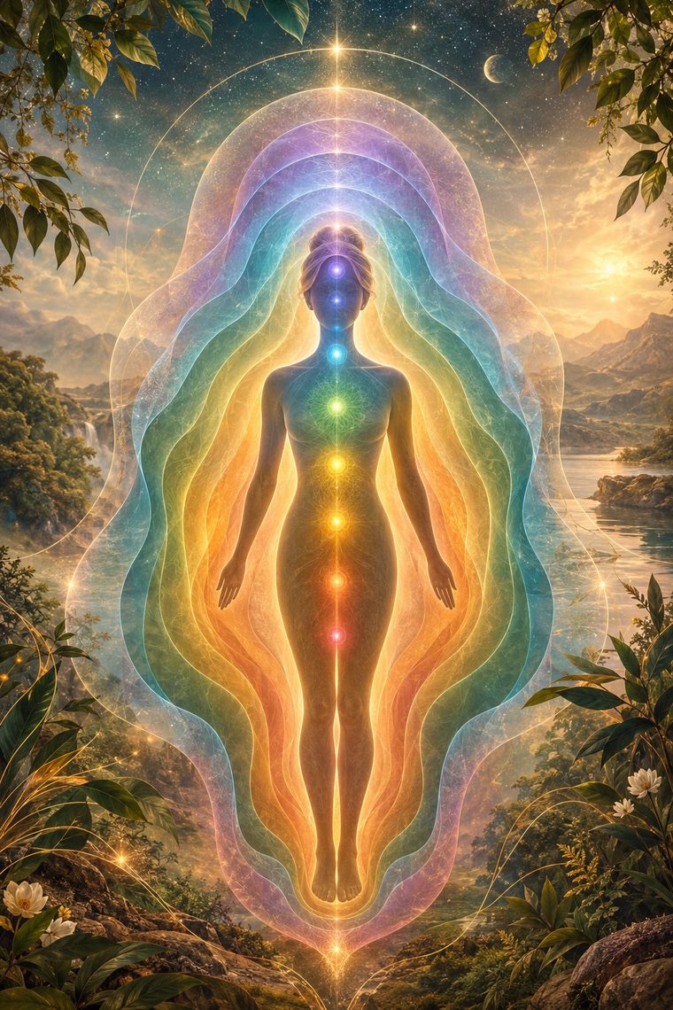 Figura humana com camadas de energia coloridas